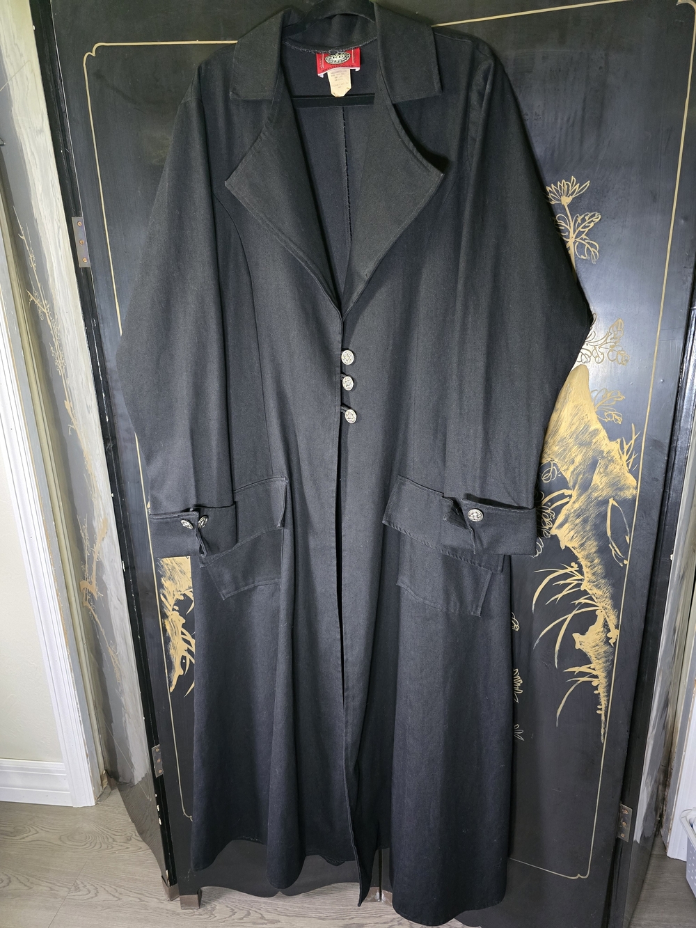 Vintage 90s Redballs on Fire Reverend Black Denim Duster Trench Coat Goth